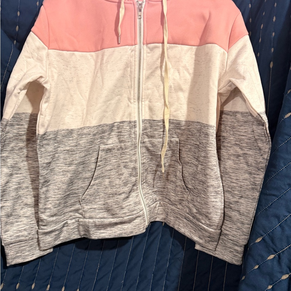 Doublju Women's Colorblock Zip-Up Sweater - Pink, Cream, Gray